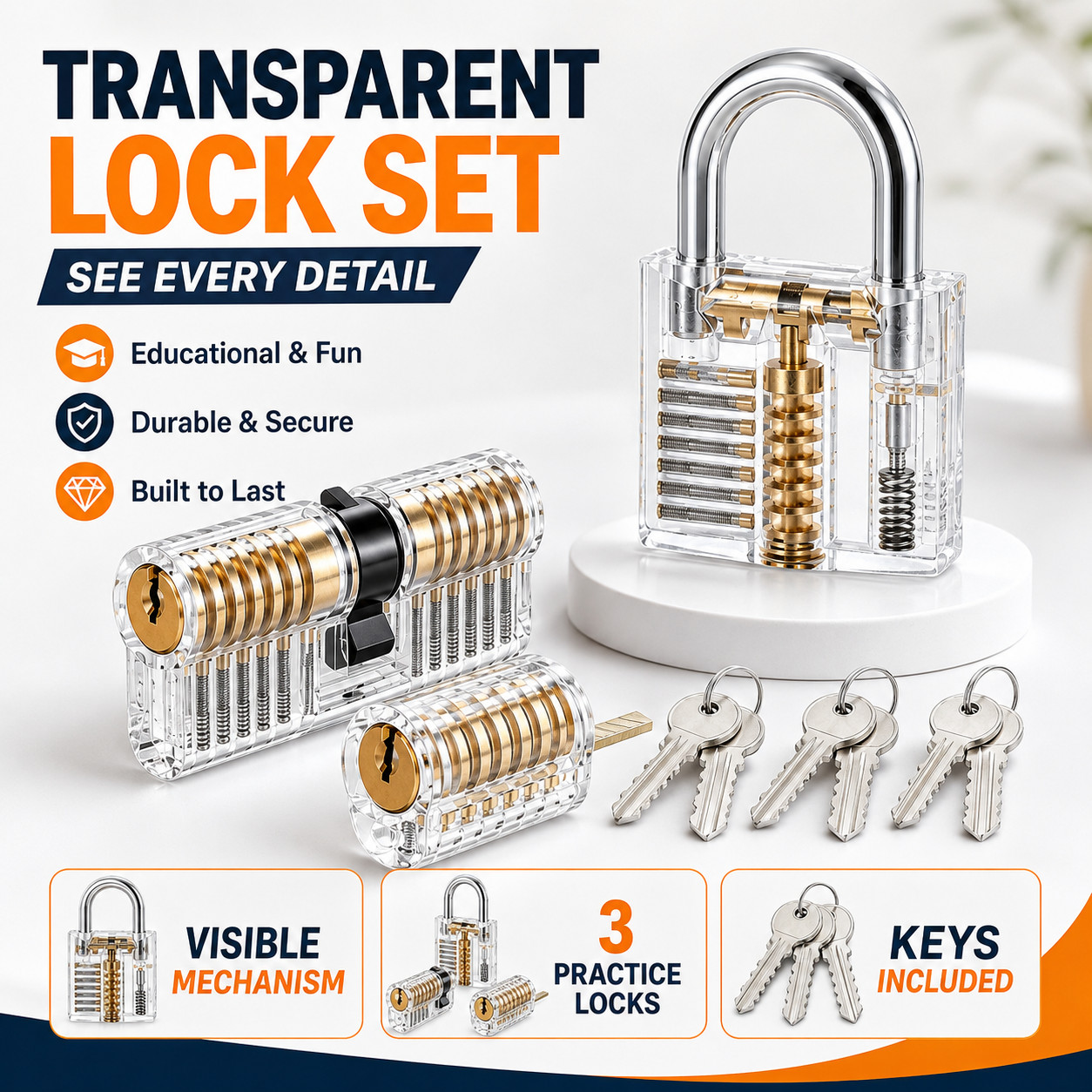 3PCS Clear Practice Lock Set with Keys Transparent Padlock Cylinder Training Kit