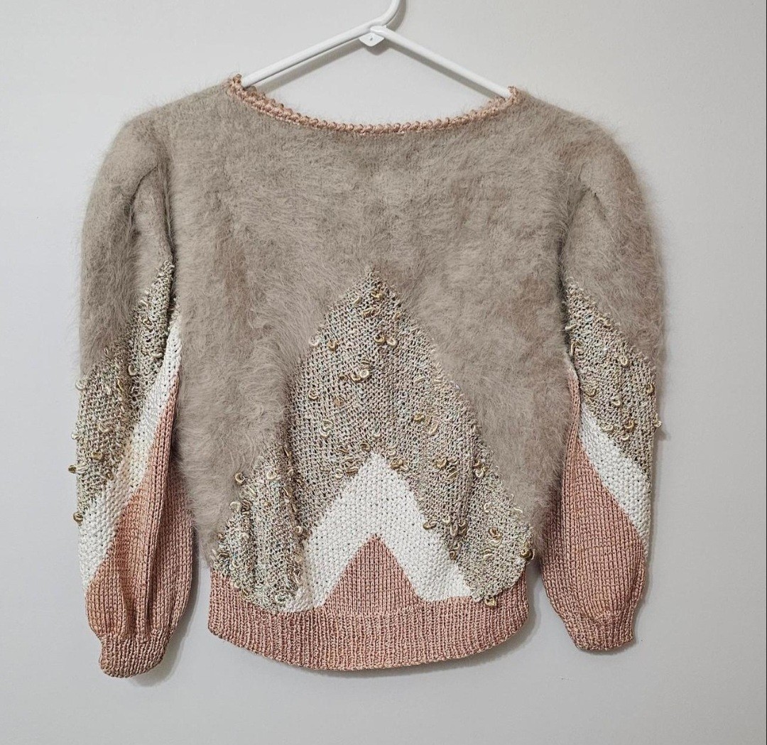 Vintage 80s Fuzzy Knit Puff Sleeve Sweater Beaded Chevron Pastel Coquette Vintage 80s Fuzzy Knit Puff Sleeve Sweater Beaded Chevron Pastel Coquette