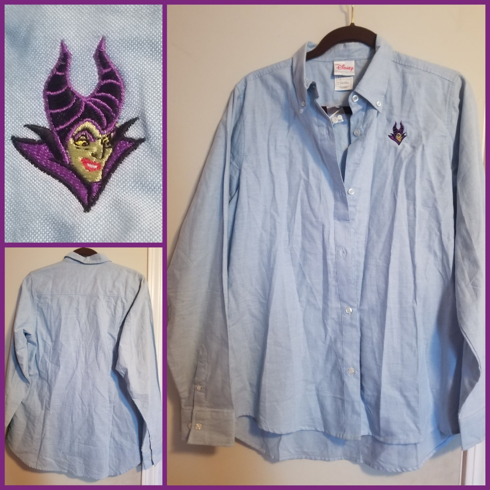 VTG Disney Villain Maleficent Women\'s Size L Embroidered Blue Button Up Rare New