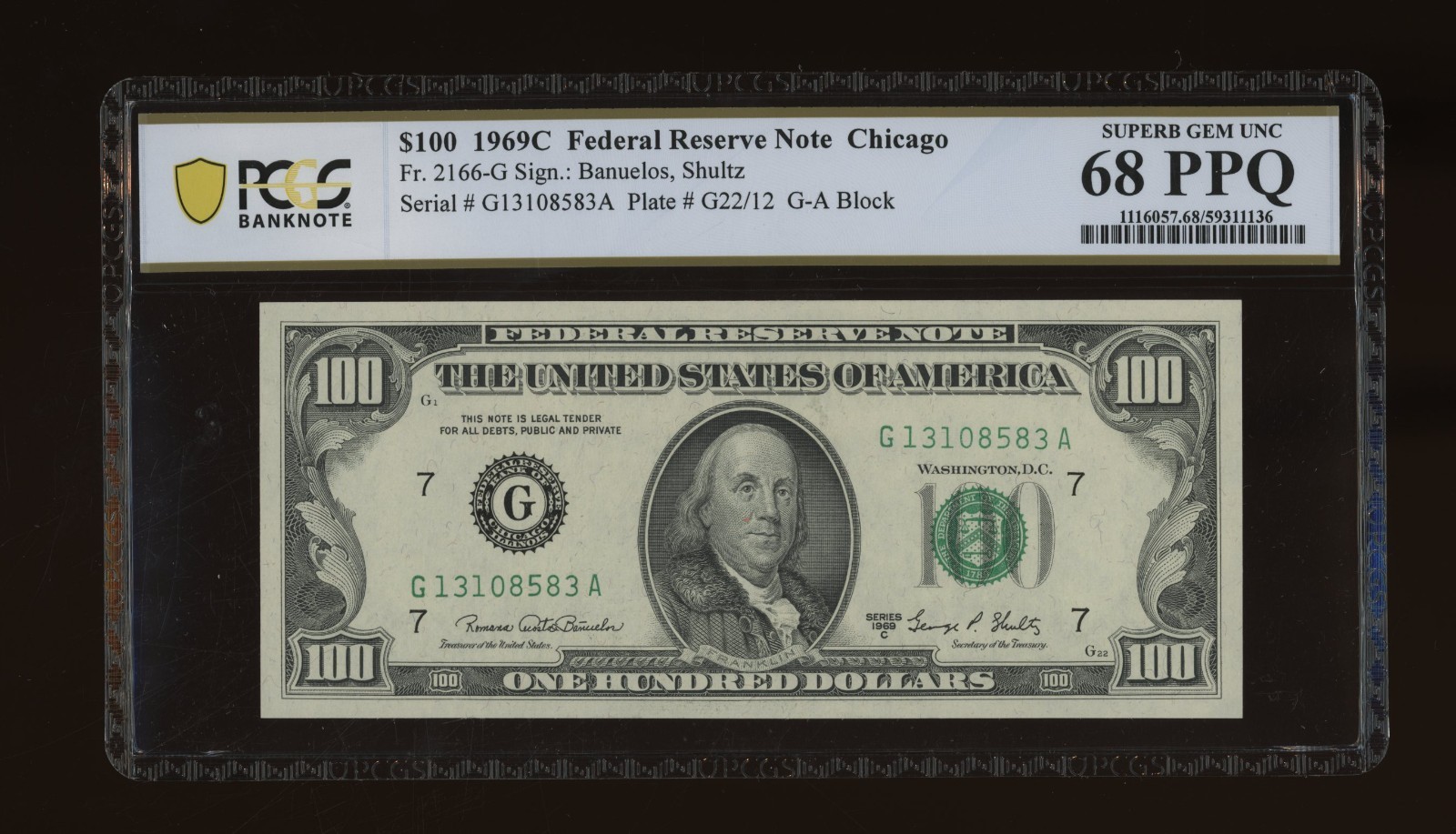 DBR 1969-C $100 FRN Chicago Fr. 2166-G Superb Gem PCGS-B 68 PPQ Ser # G13108583A
