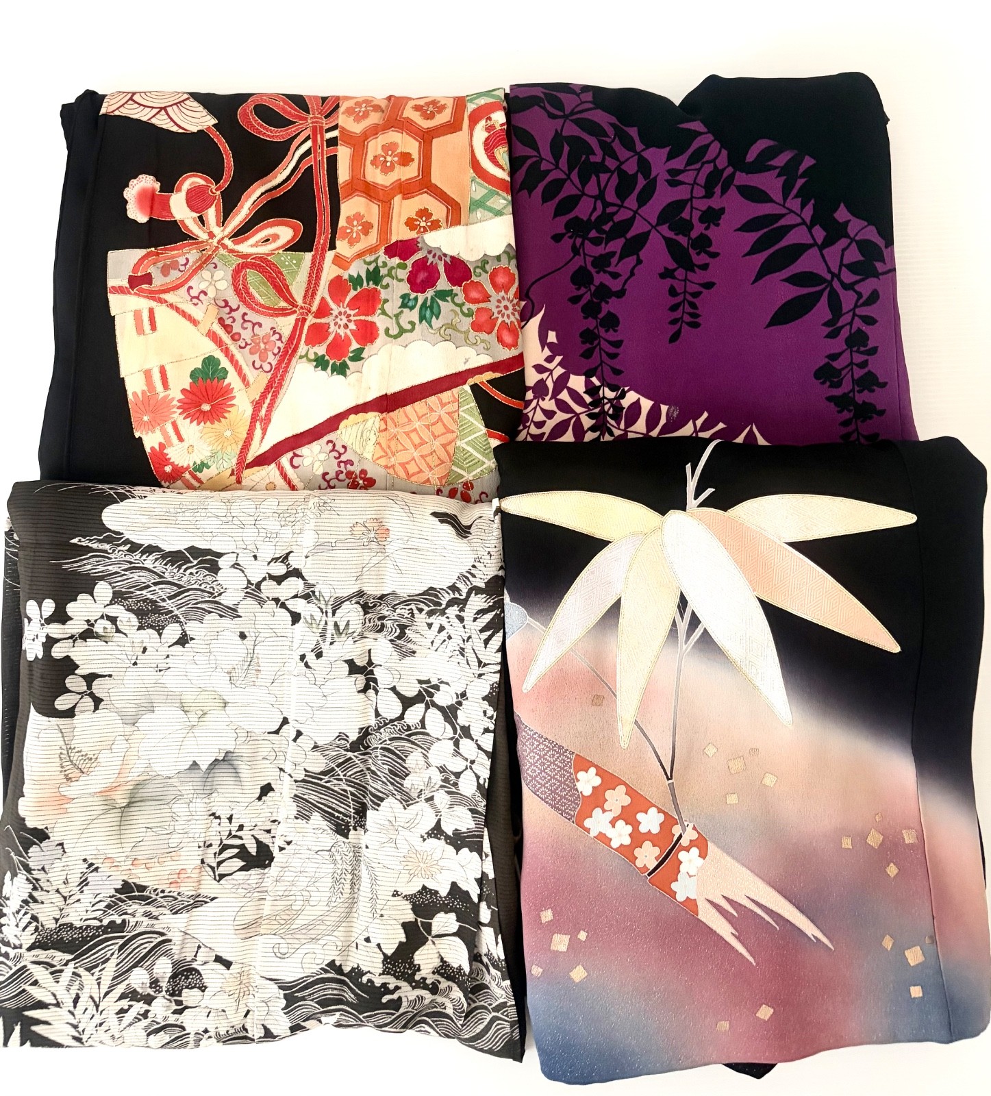 4pc Vintage Japanese Black Kimono Lot Kurotomesode Floral Includes Summer Kimono