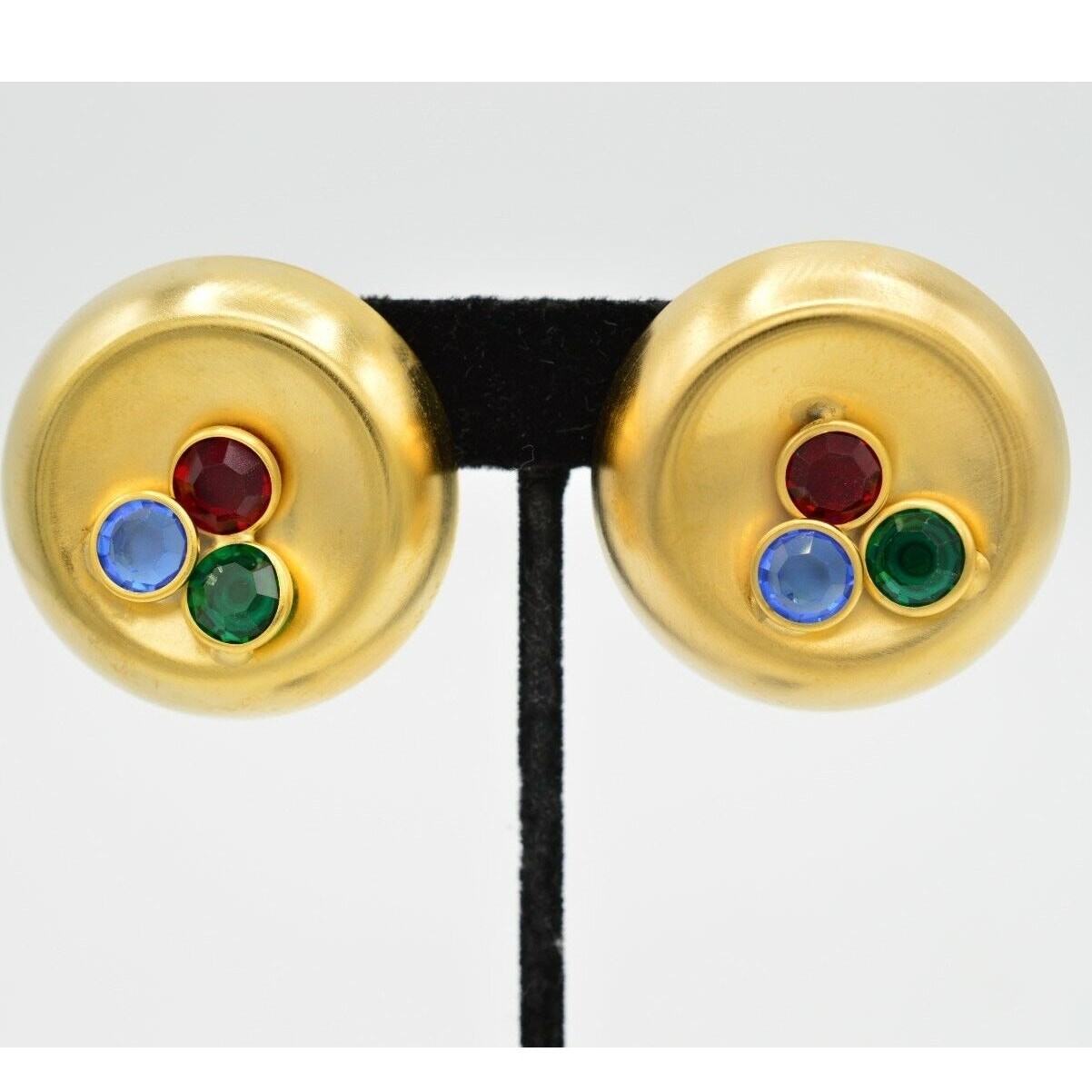 Vintage Crystal Clip On Earrings Brushed Gold Chunky USA Signed NOS 1980s A21