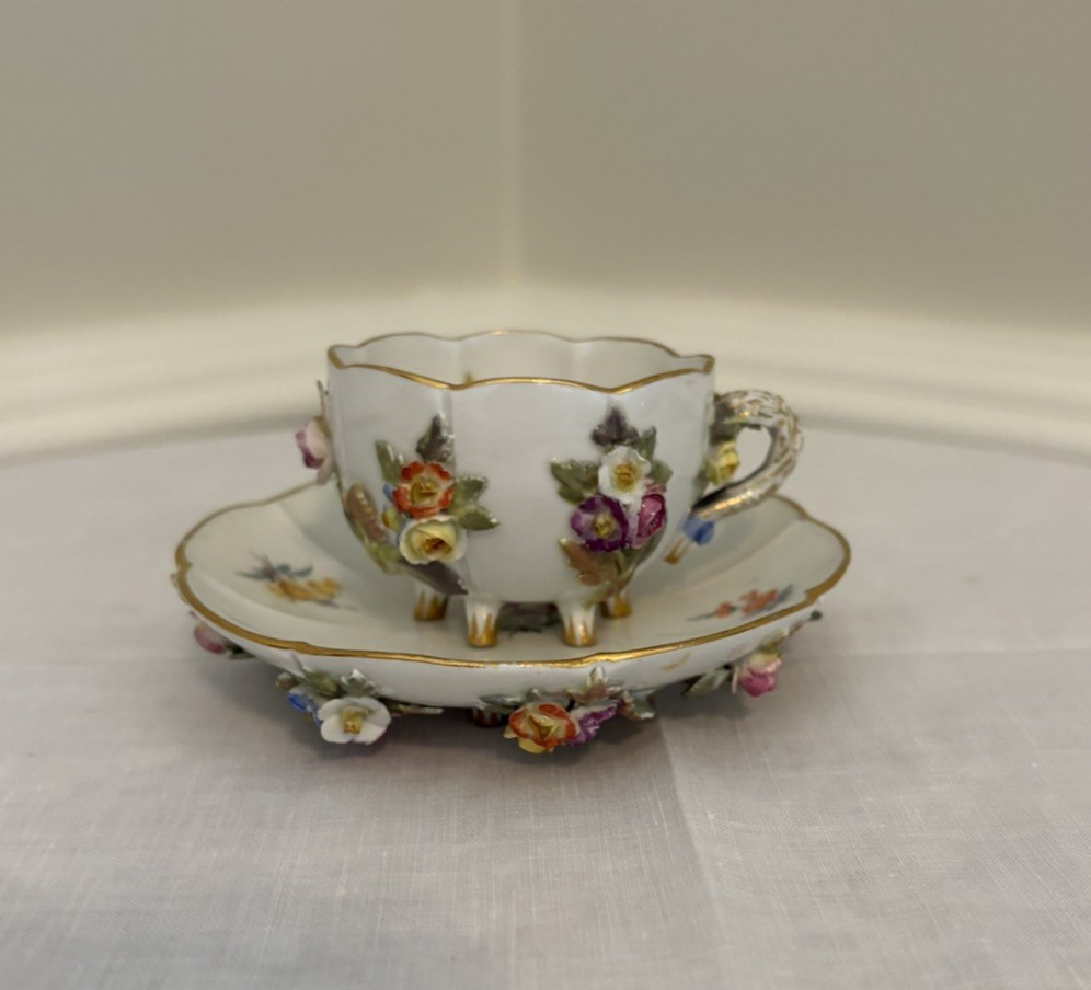 Antique Meissen Flower Encrusted Footed Porcelain Cup & Saucer Crossed Swords
