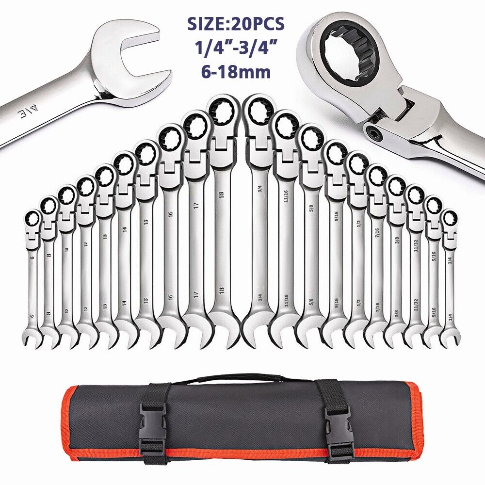 20-Piece SAE and Metric Ratcheting Wrench Set with Portable Roll-Up Canvas Bag