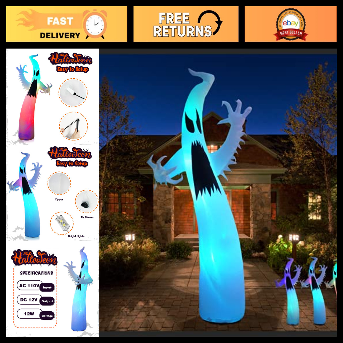 12FT Giant Halloween Inflatable Ghost with 3-Color Flashing LED Lights - Spooky