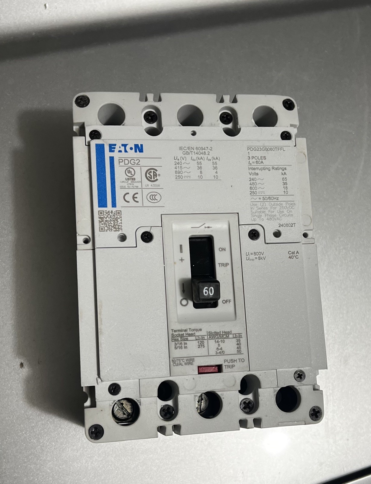 NEW EATON PDG2 PDG23G0060TFFL 3 Pole 60 Amp 600V Circuit Breaker NTO NEW EATON PDG2 PDG23G0060TFFL 3 Pole 60 Amp 600V Circuit Breaker NTO