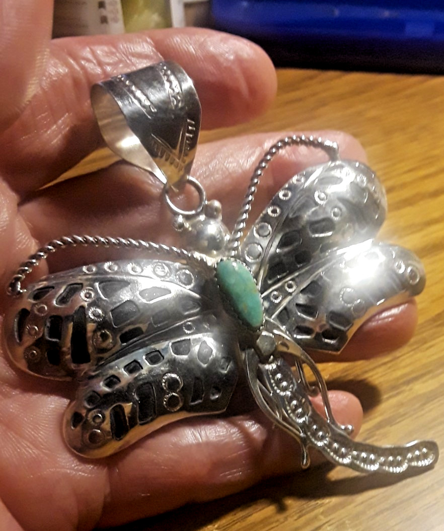 Navajo ALONZO MARIANO Butterfly Pendant Sterling Silver Turquoise GIGANTIC - New