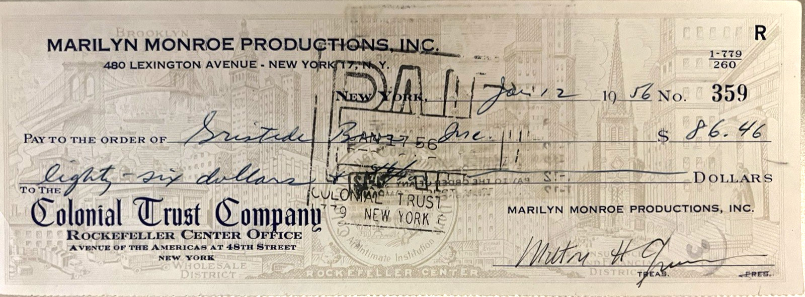 MARILYN MONROE PROD. RARE ORIG 1956 CHECK PAYS FOR MARILYN'S PERSONAL GROCERIES MARILYN MONROE PROD. RARE ORIG 1956 CHECK PAYS FOR MARILYN'S PERSONAL GROCERIES