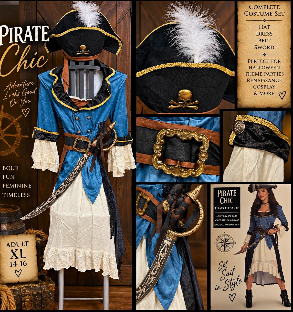 Pirate Chic Women’s Pirate Costume Complete Outfit Belt XL 14-16 Blue Black