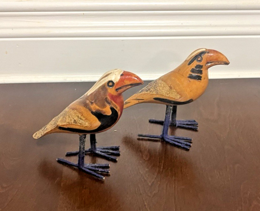Pair of Hand-Carved Wooden Bird Figurines with Painted Details & Wrapped Feet Pair of Hand-Carved Wooden Bird Figurines with Painted Details & Wrapped Feet