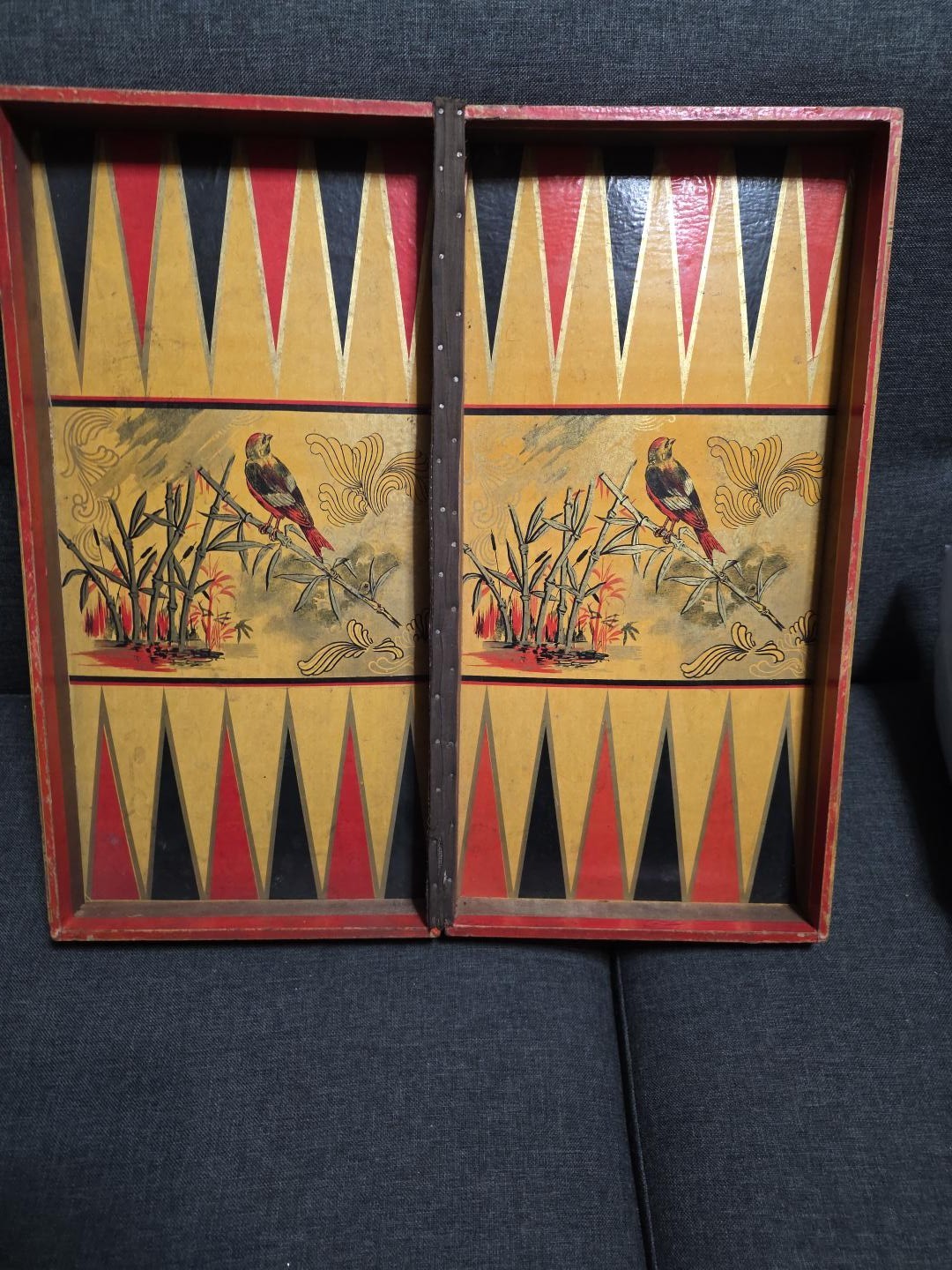 Antique 1800s Happy Hours Folding Checkers Backgammon Game Board Bird Lithograph