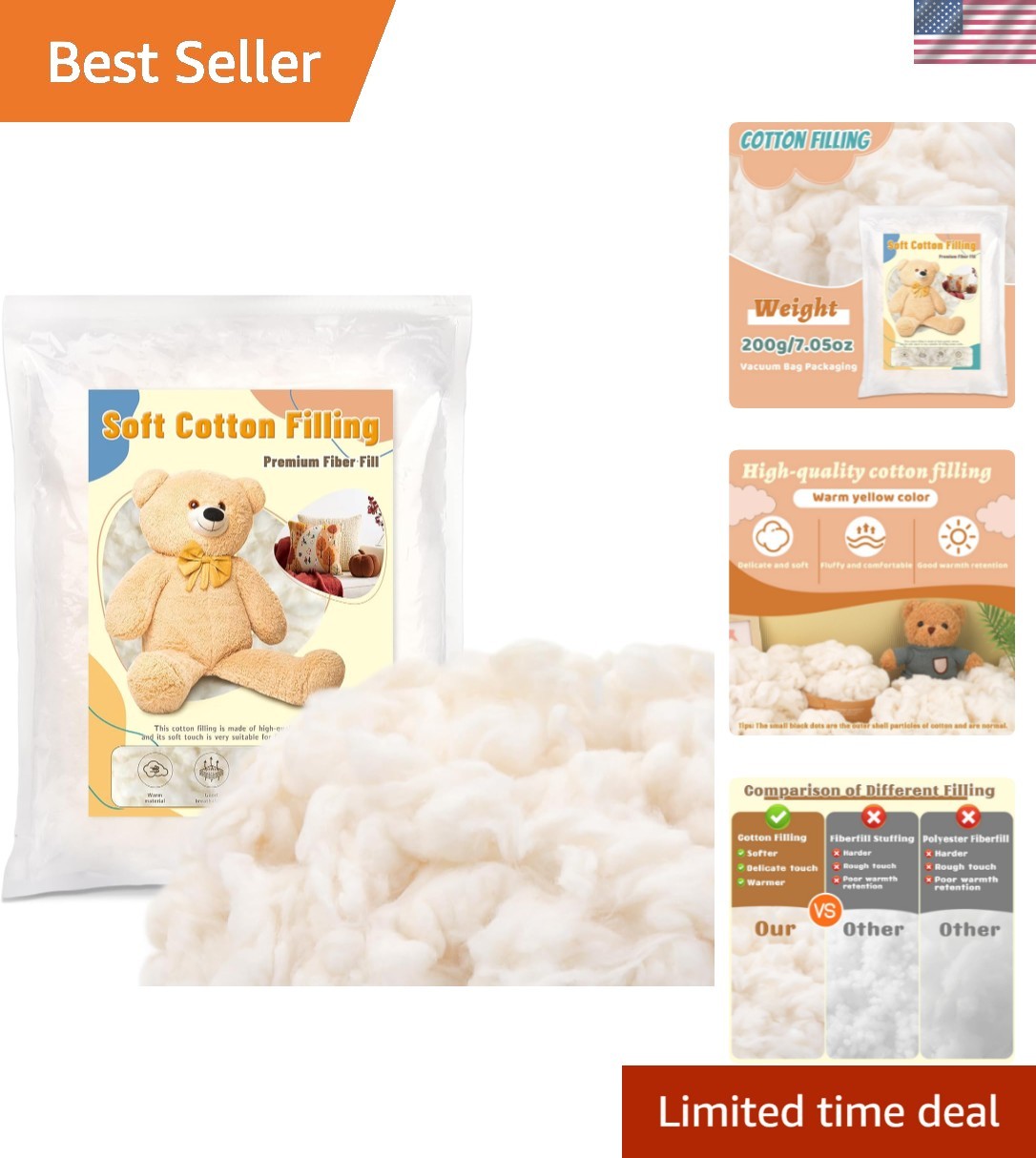 200g/0.44lb Cotton Filling, 7oz-4.4 lb Natural Cotton Stuffing for Stuffed Cr...