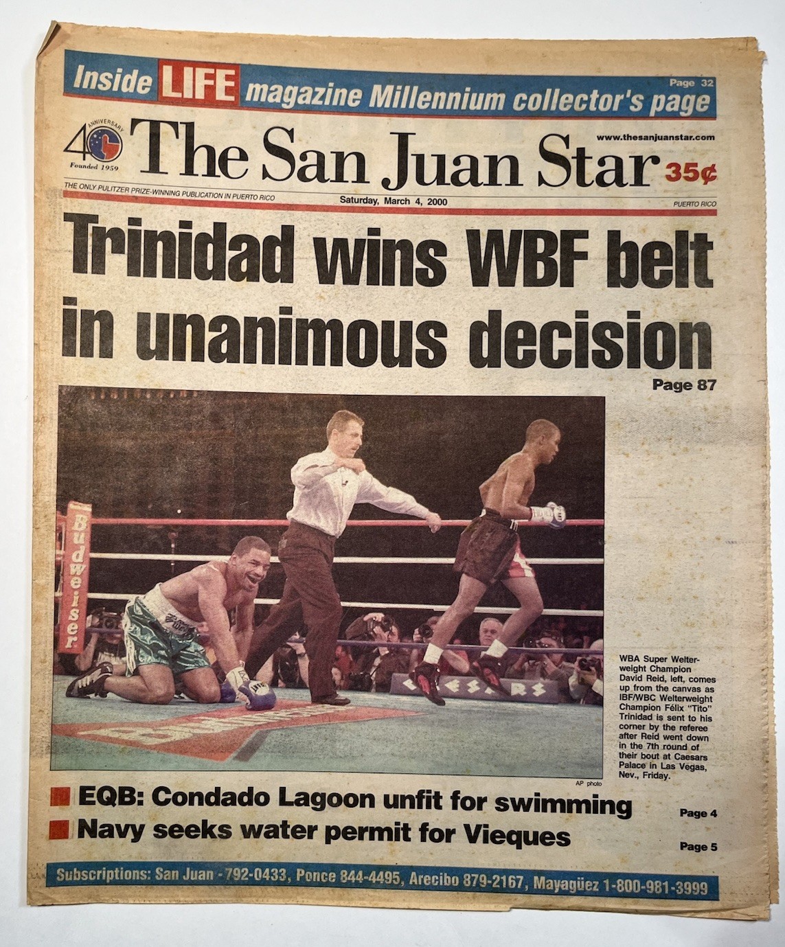 Newspaper The San Juan Star Puerto Rico 3/4/2000 Felix Trinidad Vs. David Reid Newspaper The San Juan Star Puerto Rico 3/4/2000 Felix Trinidad Vs. David Reid