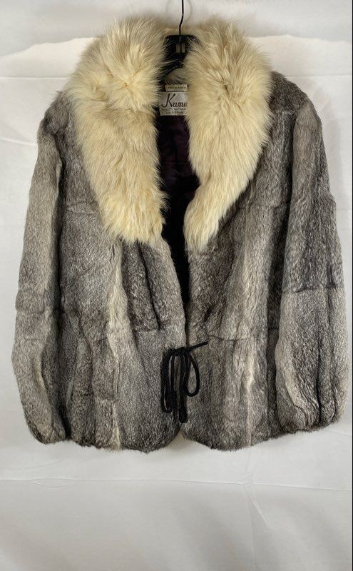 Vintage 90s Kamal Women\'s Natural Fur Jacket Gray Cream Shawl Collar Sz M