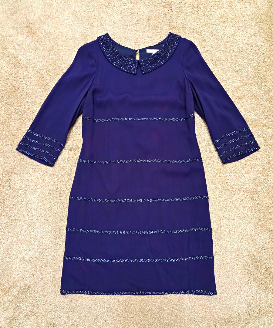 Boden Blue Crepe 3/4 Sleeve Shift Dress Beaded Collared Neck Lined Size S