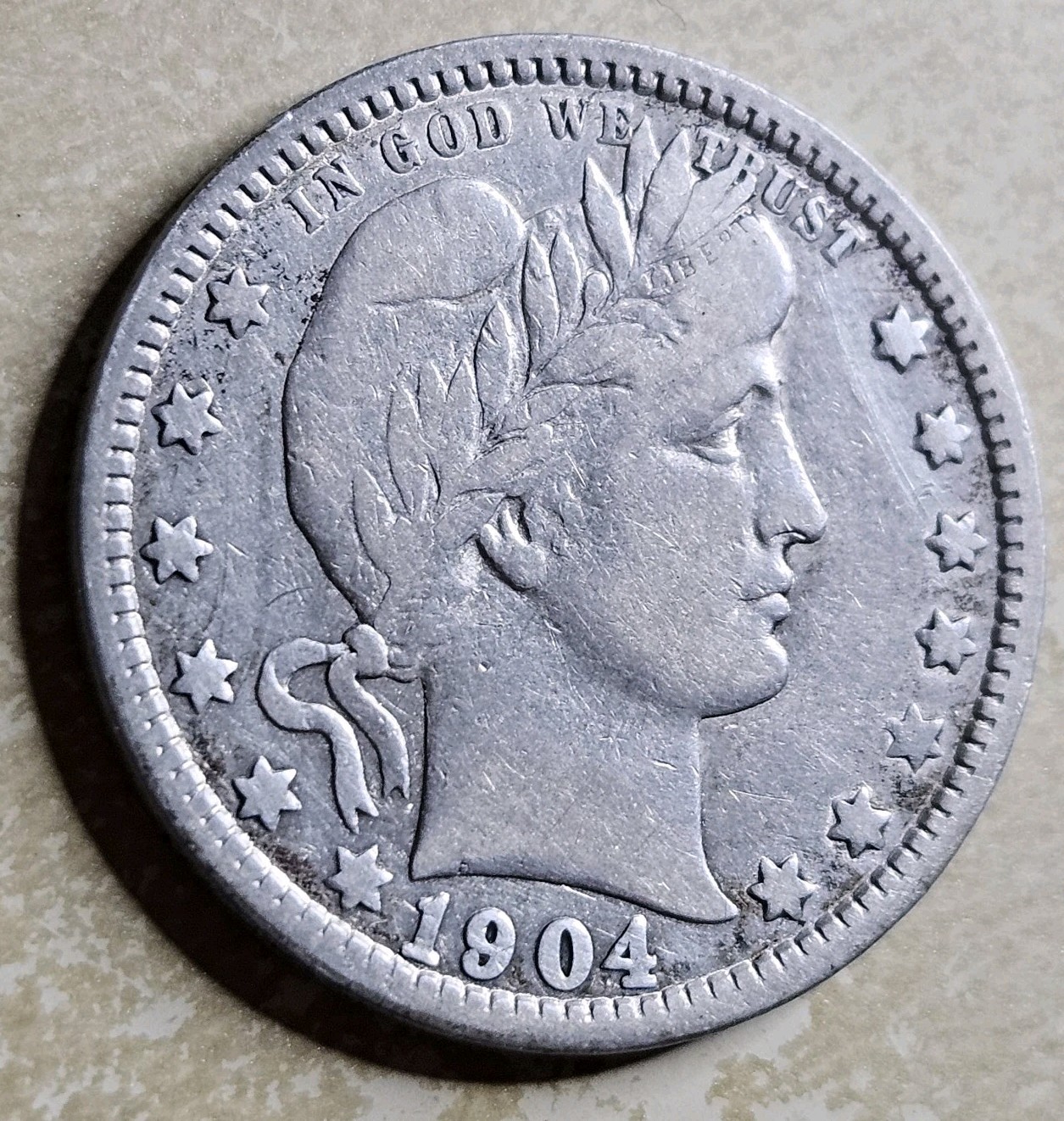1904 O Barber Quarter Fine F Or Very Fine VF Detail Semi Key 25c Lightly Cleaned 1904 O Barber Quarter Fine F Or Very Fine VF Detail Semi Key 25c Lightly Cleaned