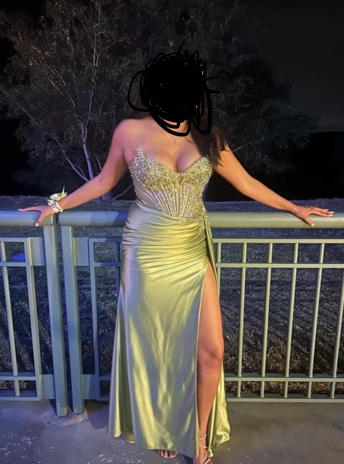 Worn Once Size 8 Green Strapless Satin Prom dress with Beaded Bodice and Slit