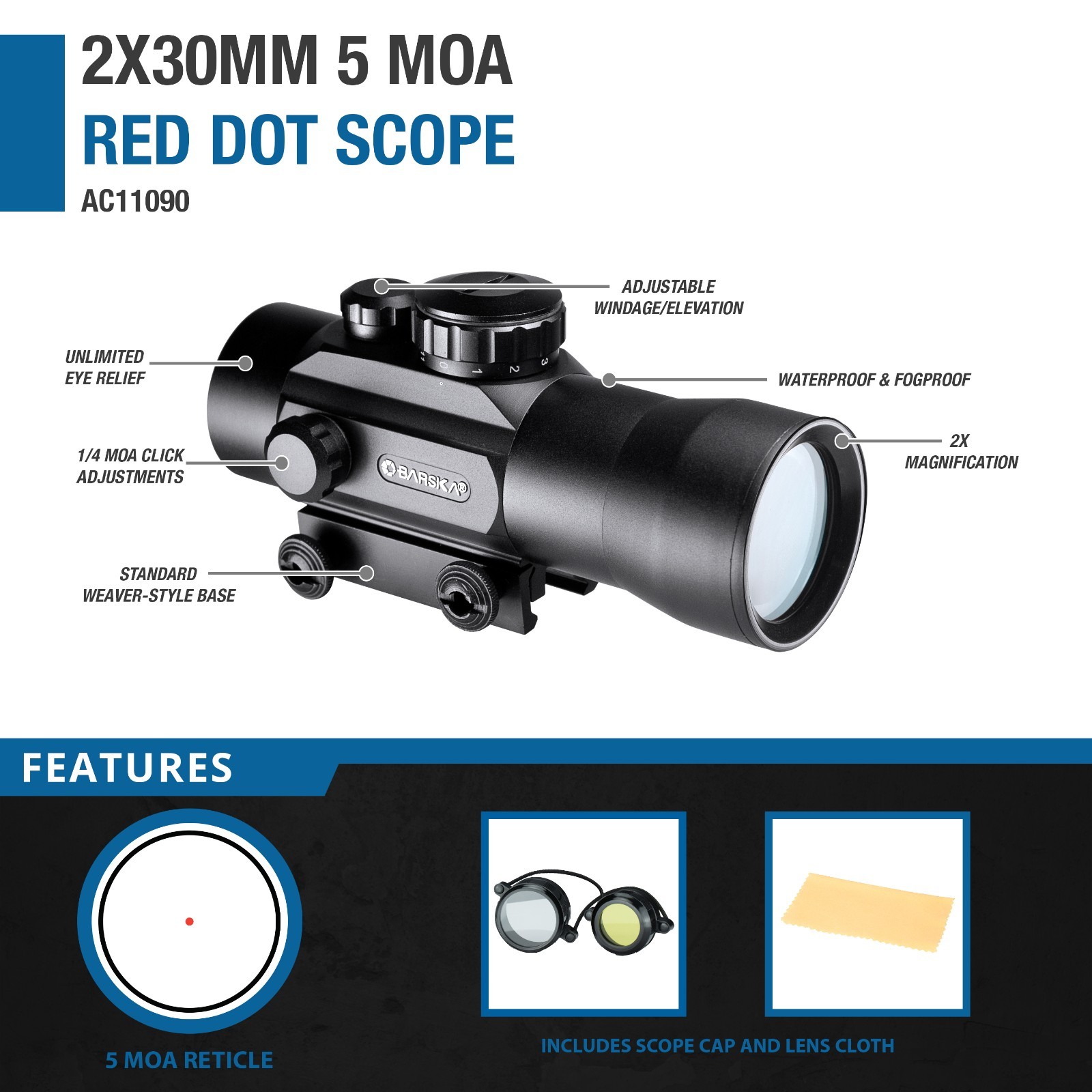 BARSKA RED DOT Sight 5 MOA Riflescope 2.0 x 30 Matte black Tactical AC11090 BARSKA RED DOT Sight 5 MOA Riflescope 2.0 x 30 Matte black Tactical AC11090