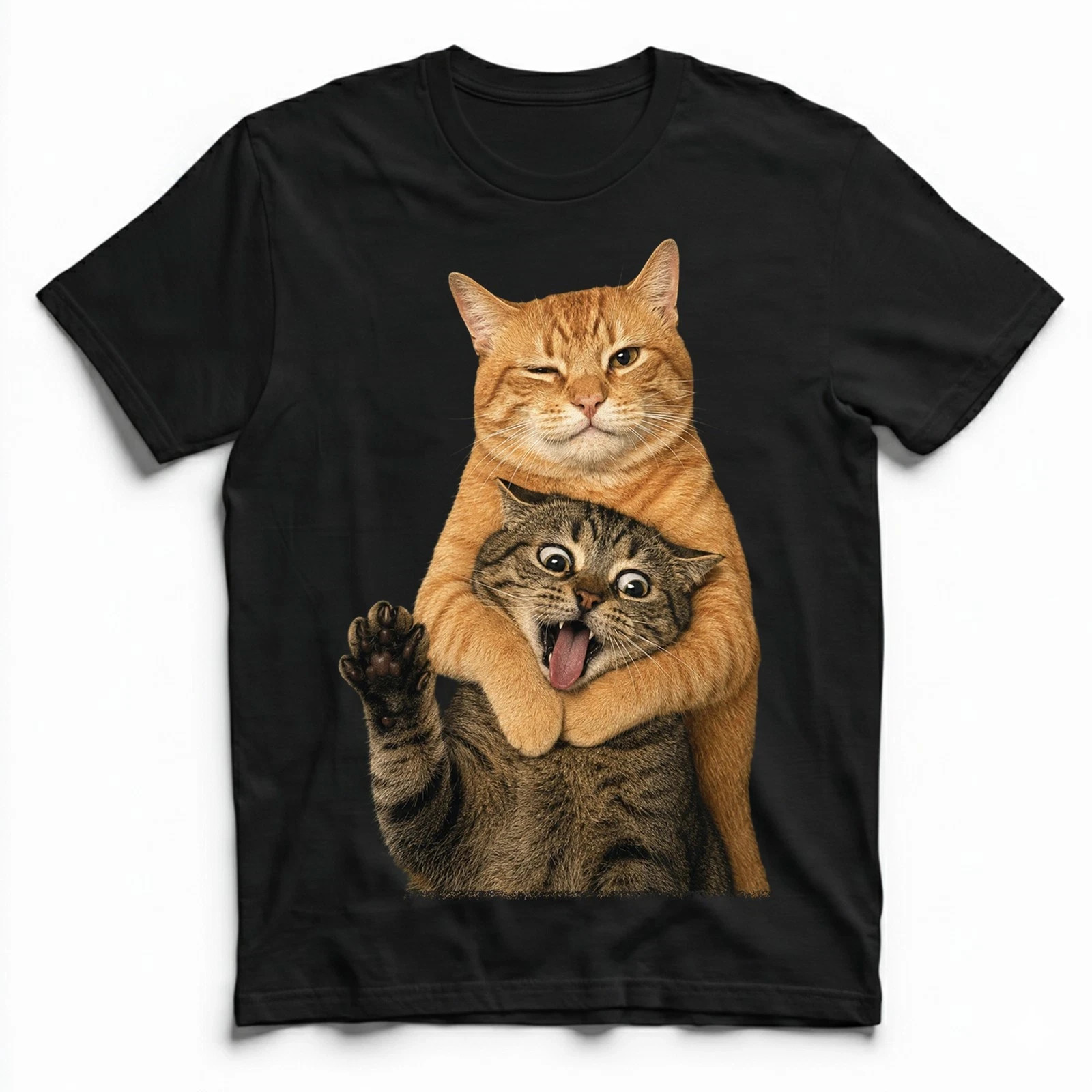 Orange Cat Hugging Tabby Cat Funny Expressionsss T-Shirt Humor Tee