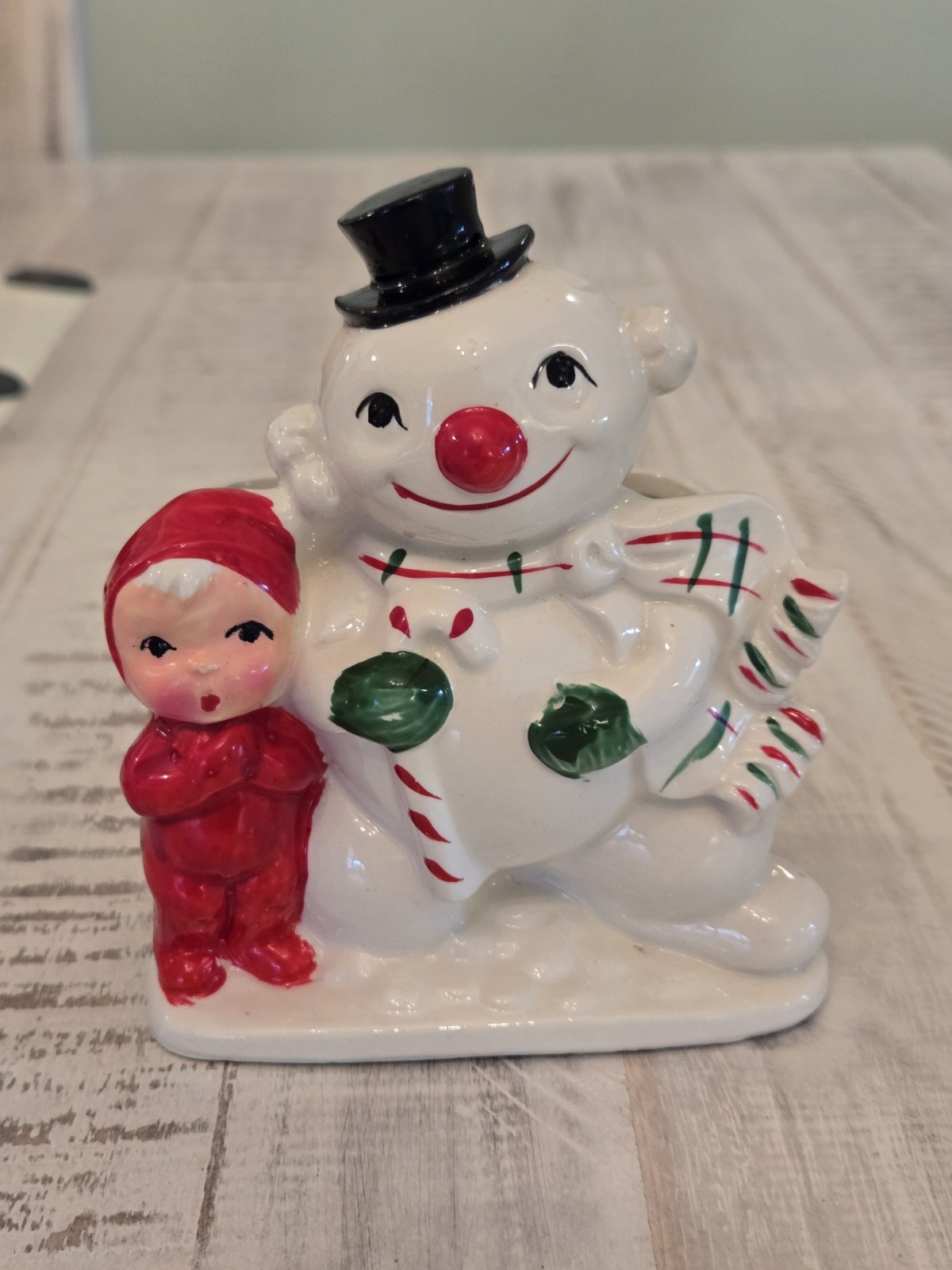 Adorable Vintage Japan Snowman With Pixie Child Planter Scarf Christmas Rare Adorable Vintage Japan Snowman With Pixie Child Planter Scarf Christmas Rare