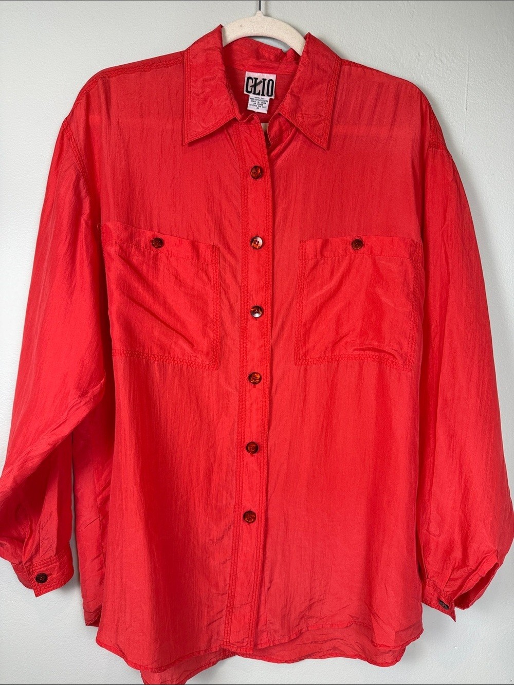 ✨90s VTG CLIO Retro Red 100% Silk Oversized Button Down Blouse Size Large EUC