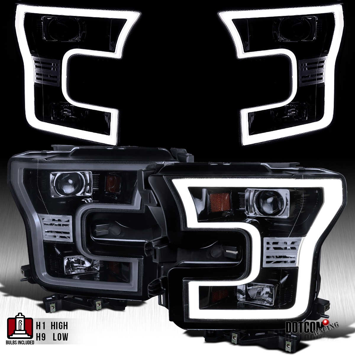 Fit 2015-2017 Ford F150 Black Smoke LED Tube Projector Headlights Headlamps Pair