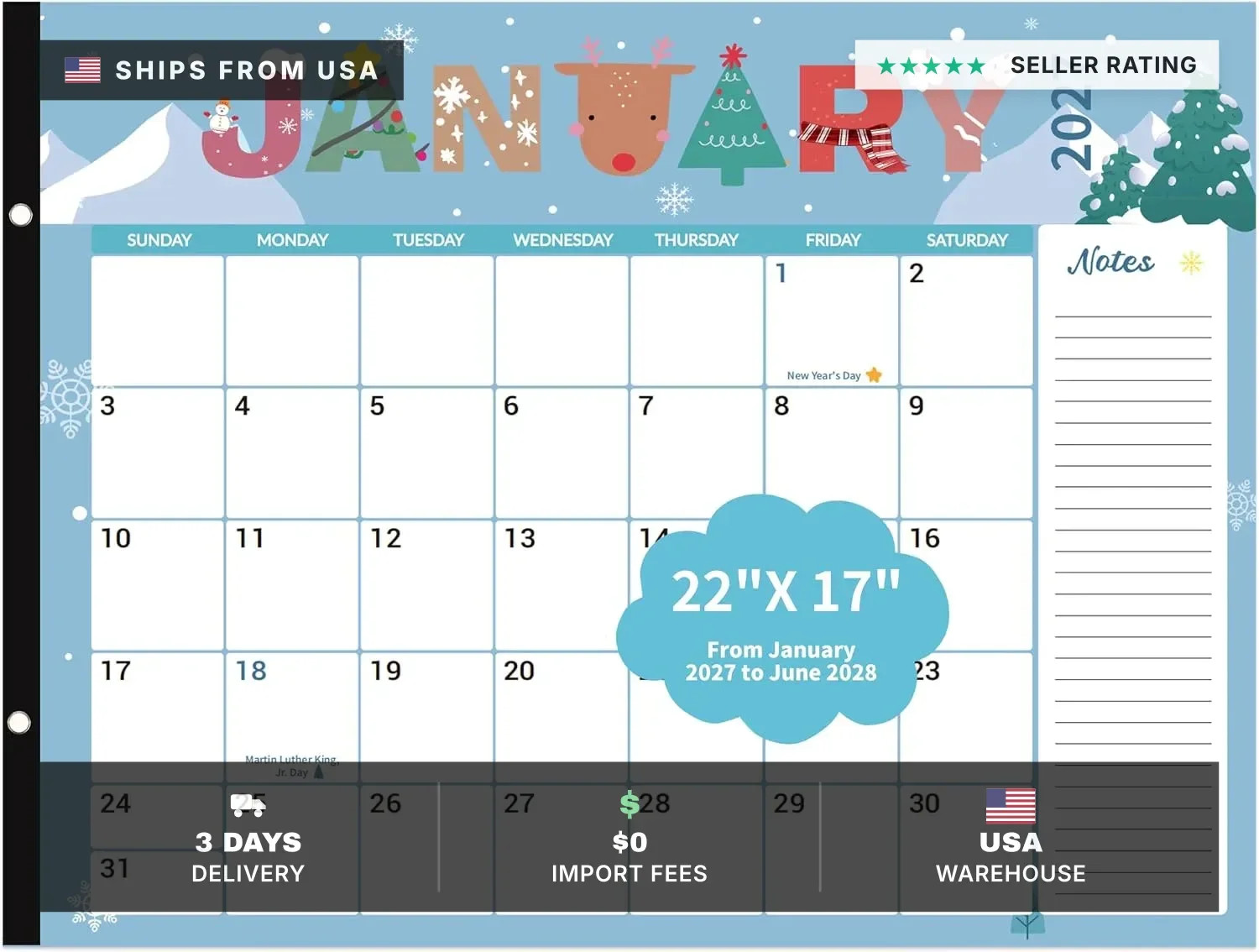 2027-2028 Desk Calendar, 18 Months 2027-2028 Desk Calendar Large 22x17, Jan. 202
