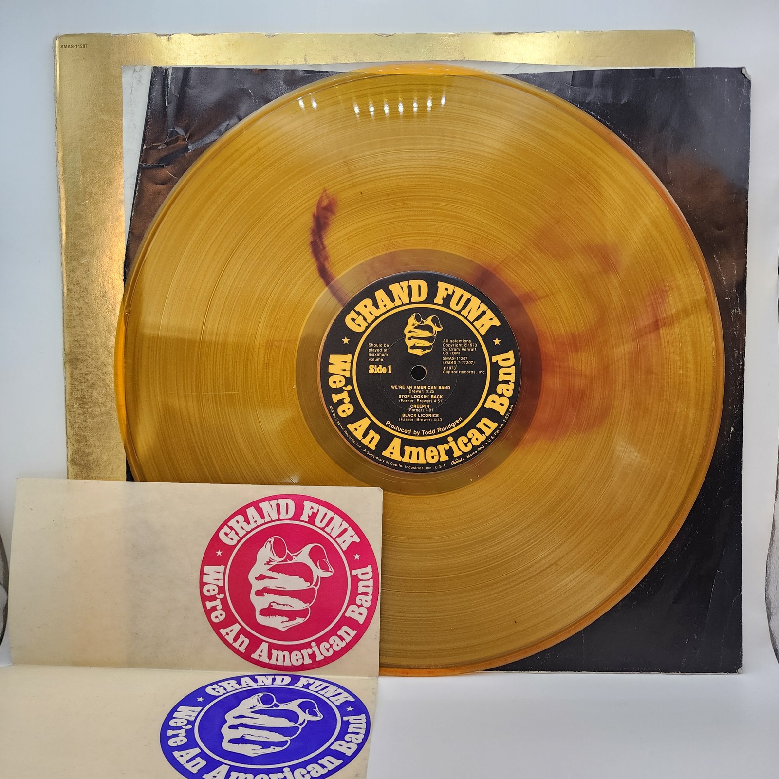Grand Funk We're An American Band 1973 Yellow/Red Marble Vinyl Stickers VG/VG