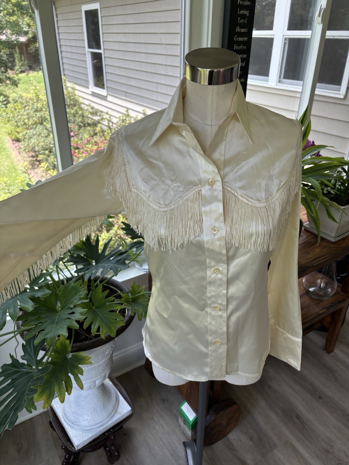 Vintage 70s Stage West Ivory Satin Fringe Western Button-Up Shirt XS Made in USA Vintage 70s Stage West Ivory Satin Fringe Western Button-Up Shirt XS Made in USA
