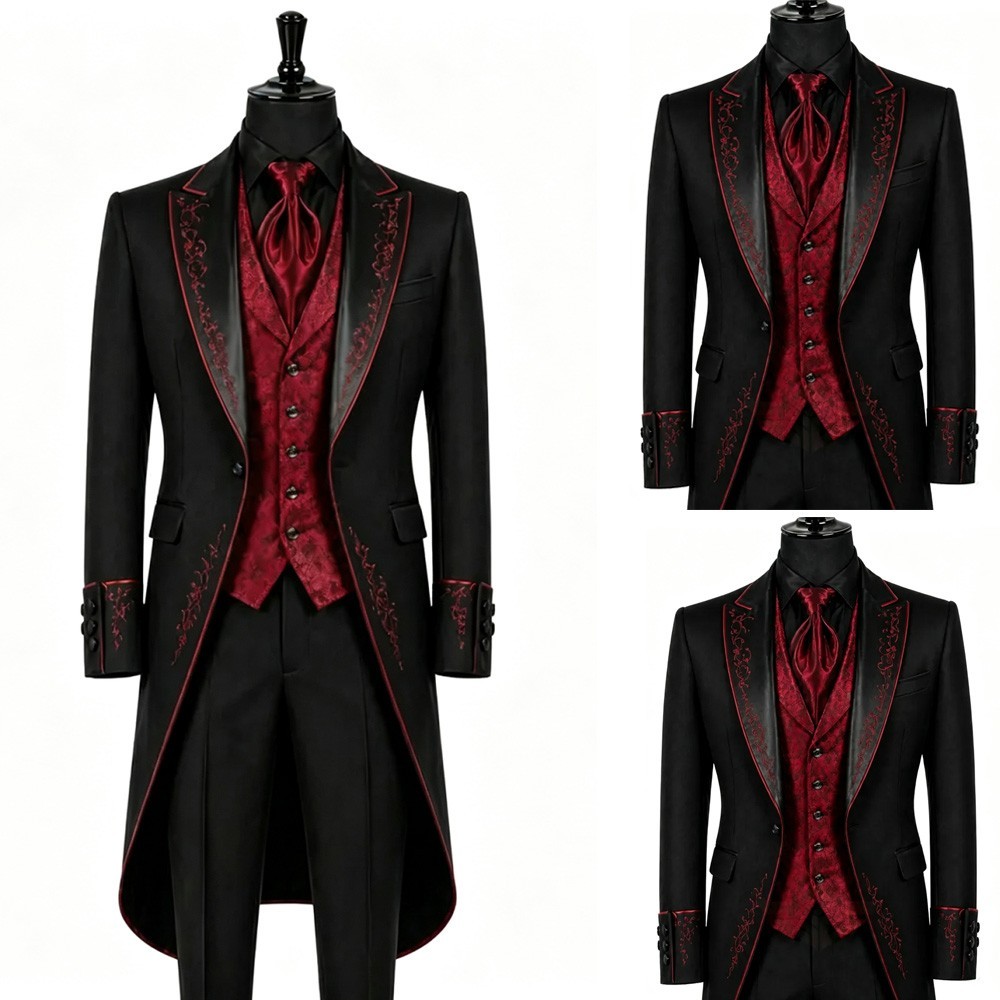 British 3pcs Men's Suit Black &Red Wedding Tuxedo Evening Party Prom Long Coat British 3pcs Men's Suit Black &Red Wedding Tuxedo Evening Party Prom Long Coat