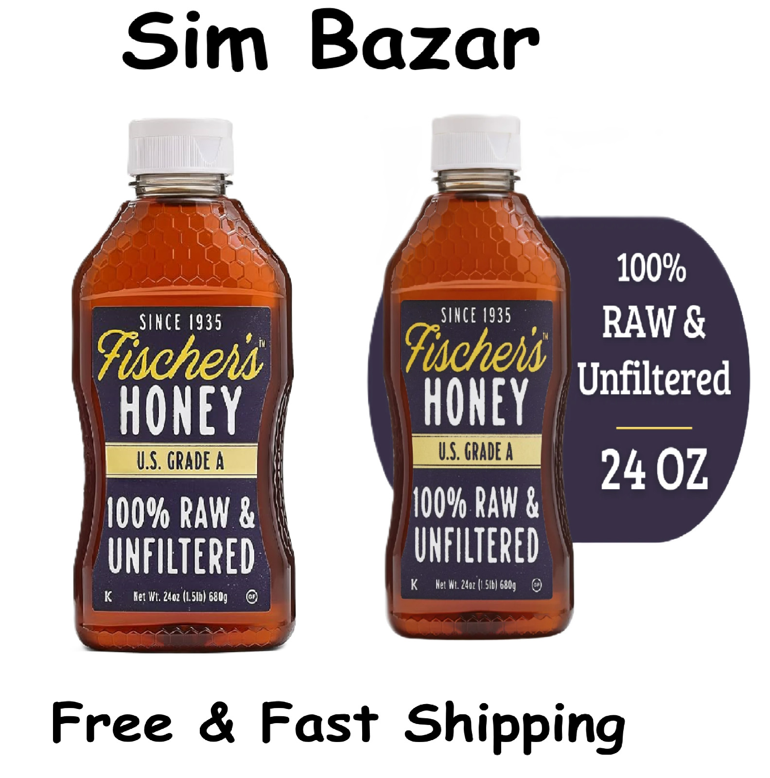Fischers Honey, 24oz Raw and Unfiltered, Local 100% US Grade Squeeze Bottle 2pk