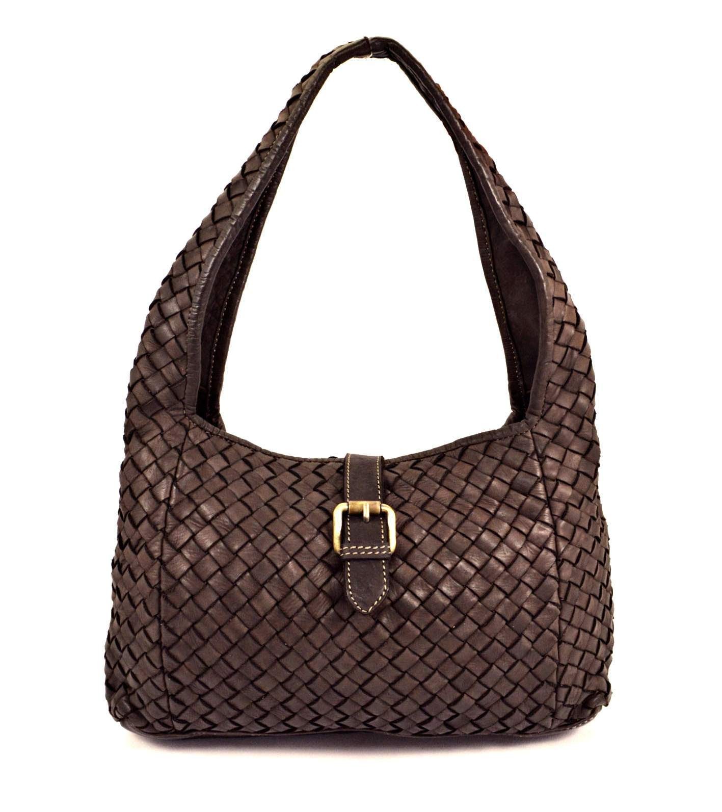 ITALIAN HAND-WOVEN VINTAGE-WASHED CALF LEATHER HOBO SHOULDER BAG - MADE IN ITALY