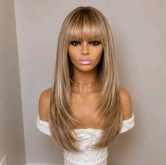 Wig - Human Hair Blend - Long Straight Layered Dirt Blonde Bangs Heat Resistant Wig - Human Hair Blend - Long Straight Layered Dirt Blonde Bangs Heat Resistant