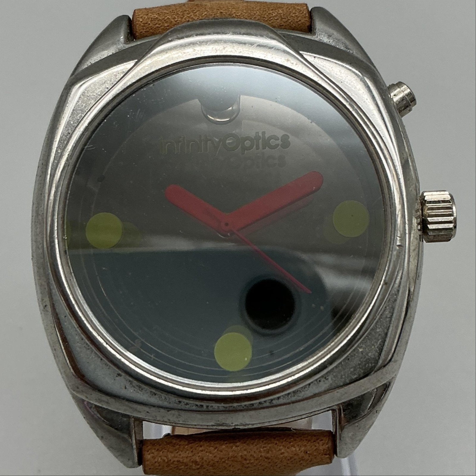 Can You Imagine Infinity Optics Mens Watch 44mm Silver Tone Leather New Battery