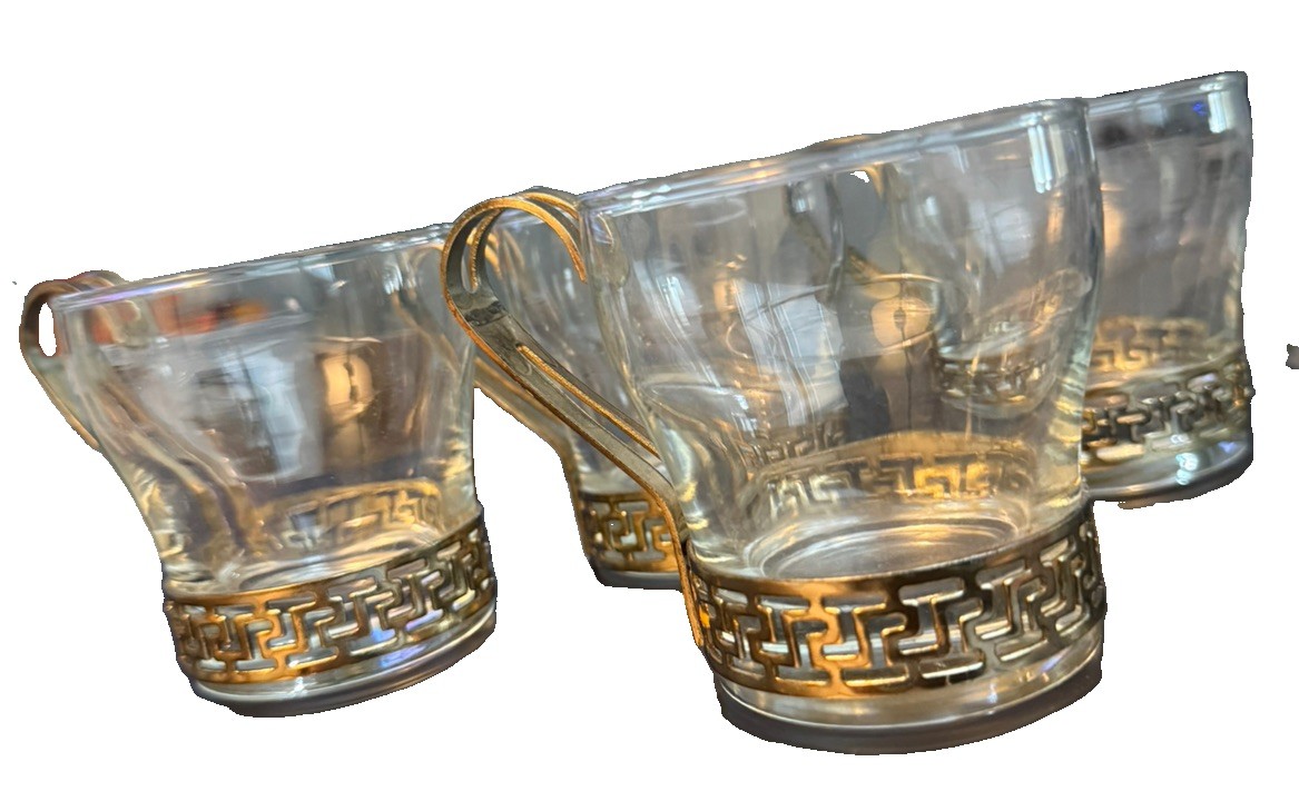 Vtg MCM Libbey Gold Greek Key Continental Glass Coffee Cups Mugs 4 Metal Handles Vtg MCM Libbey Gold Greek Key Continental Glass Coffee Cups Mugs 4 Metal Handles
