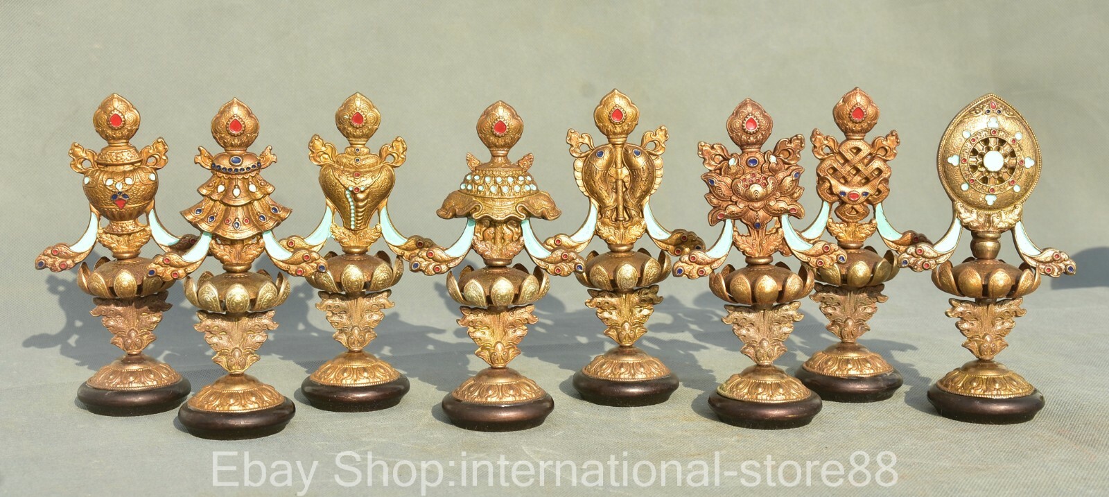 6.4“ Rare Old Tibetan Copper Gold Gems Buddhism 8 Auspicious Symbol Statue Set 6.4“ Rare Old Tibetan Copper Gold Gems Buddhism 8 Auspicious Symbol Statue Set