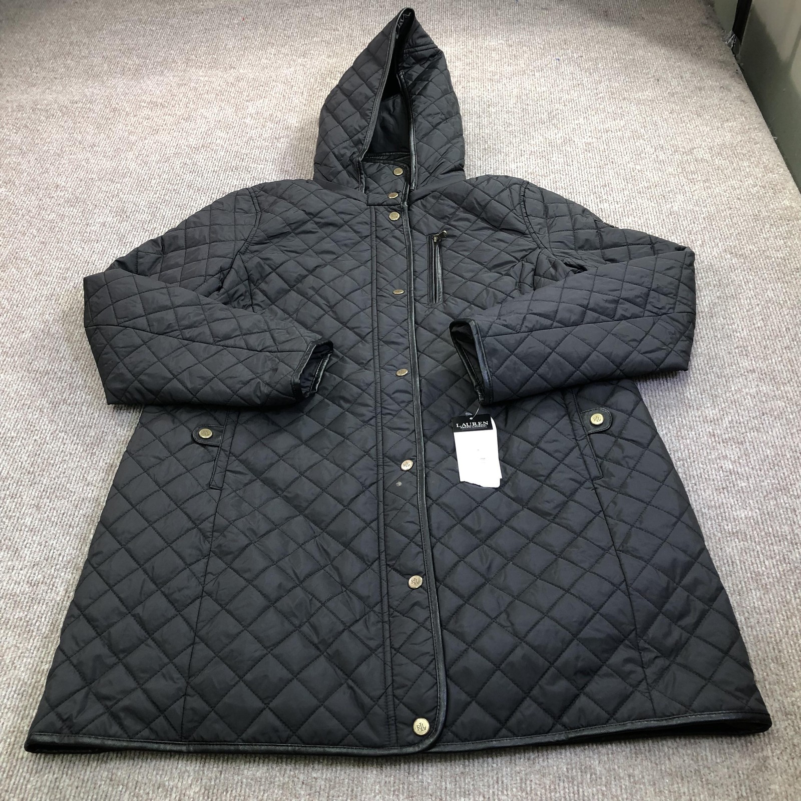 Lauren Ralph Lauren Quilted Coat Womens PXL Petite Black Hooded Mid Length Warm