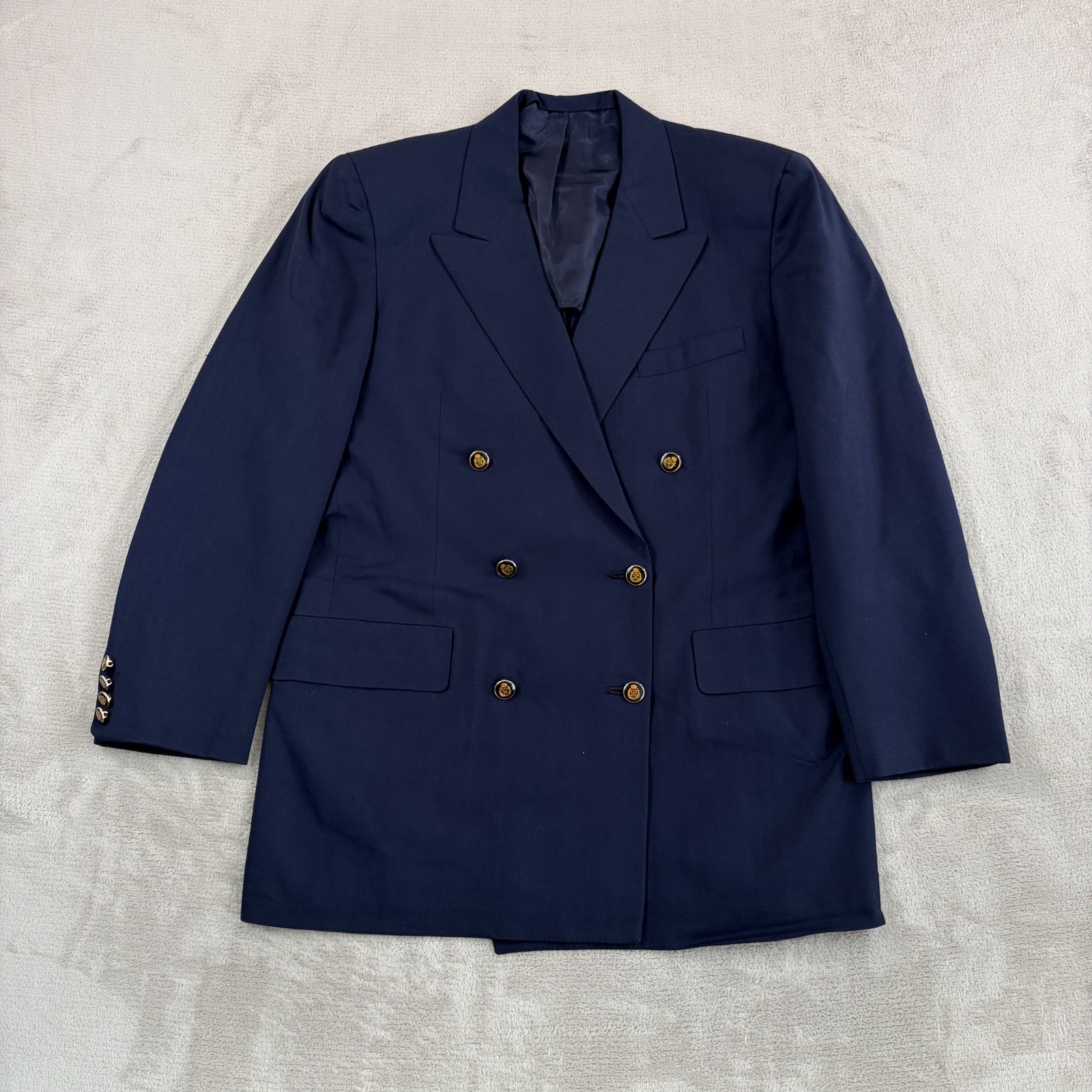 Oxxford Clothes Glasgow Double Breasted Crest Enamel Button Blazer Navy Men 44R