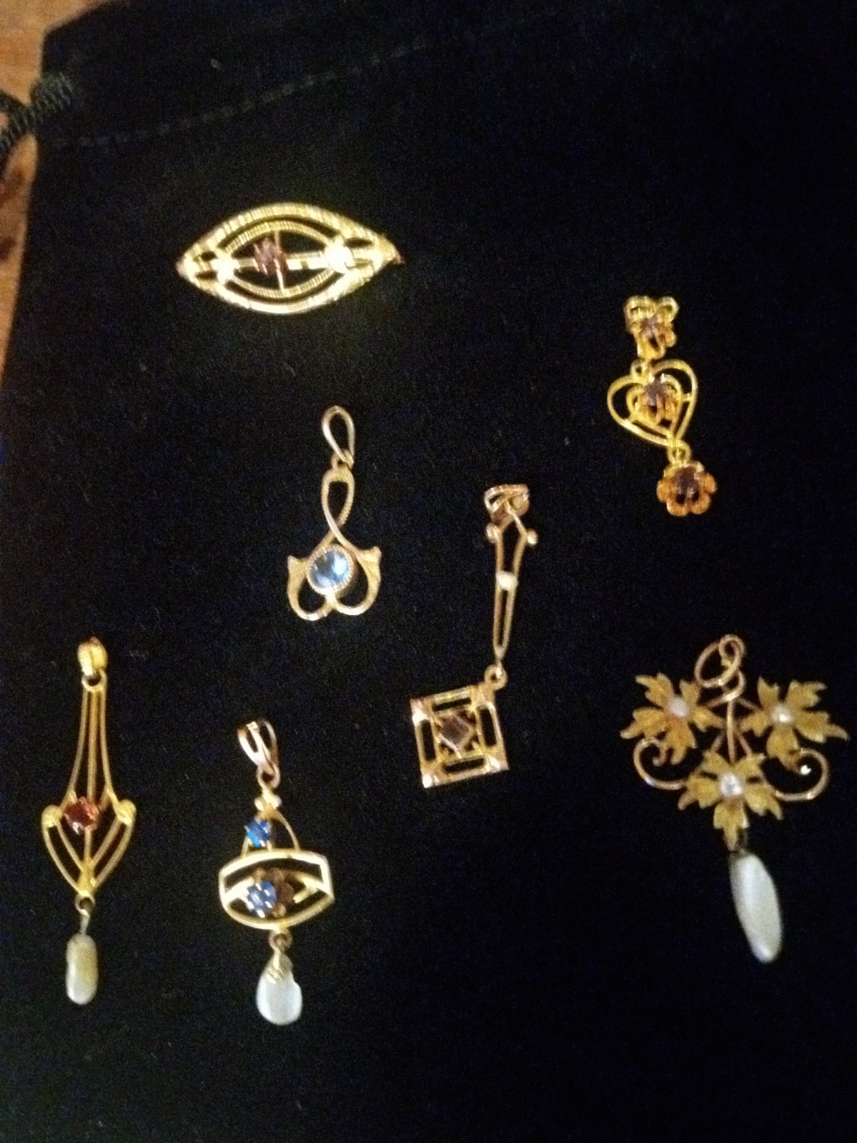 Antique Victorian 10K Gold Sapphire Ruby Amethyst Pearl Lavalier Pendant Lot Antique Victorian 10K Gold Sapphire Ruby Amethyst Pearl Lavalier Pendant Lot