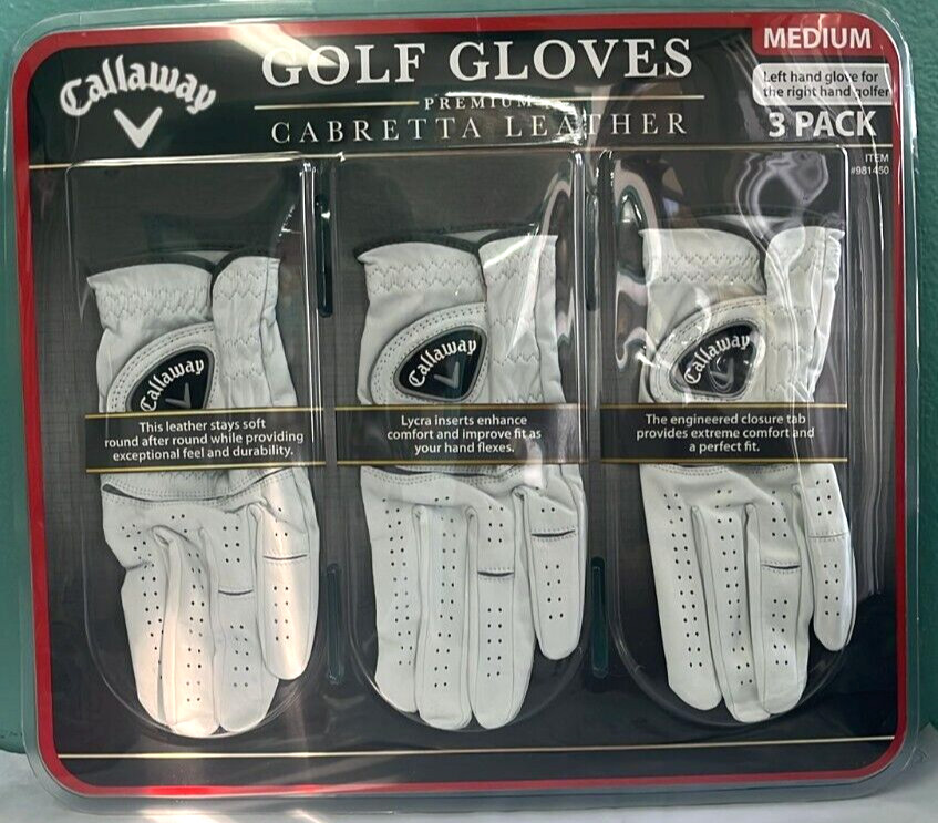 Callaway Golf Gloves Premium 3-Pack Cabretta Leather Medium New / sealed Callaway Golf Gloves Premium 3-Pack Cabretta Leather Medium New / sealed