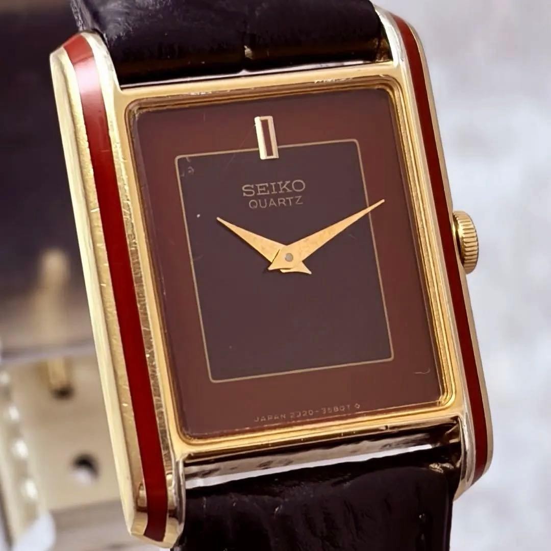 Seiko Tank 2320-678A Bordeaux Dial Gold Vintage 1982 Rectangular Watch Working