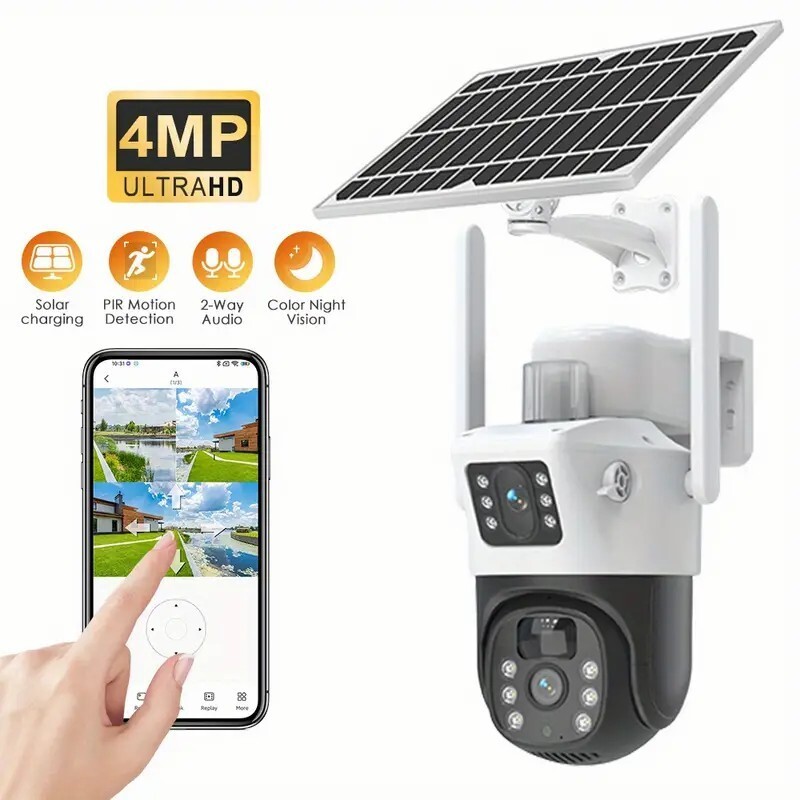 Wifi Solar Security 4MP Wireless Camera PTZ Waterproof Home Outdoor Dual-Lens Wifi Solar Security 4MP Wireless Camera PTZ Waterproof Home Outdoor Dual-Lens