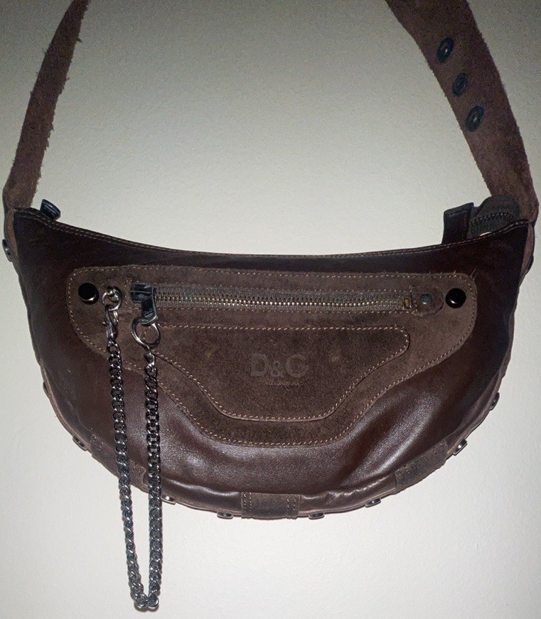 Vintage Y2K D&G Dolce Gabbana Brown Leather Suede Crescent Chain Shoulder Bag Vintage Y2K D&G Dolce Gabbana Brown Leather Suede Crescent Chain Shoulder Bag