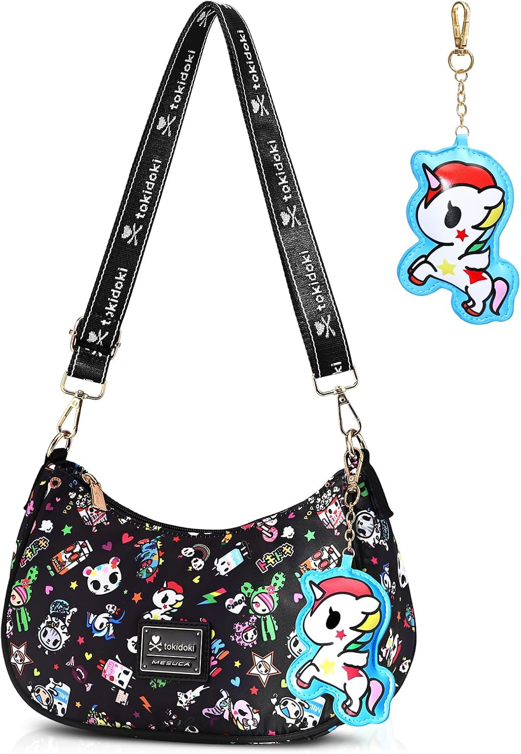 tokidoki Hobo Bag with Unicorno Keychain Cute Crescent Shoulder Bag Small Black