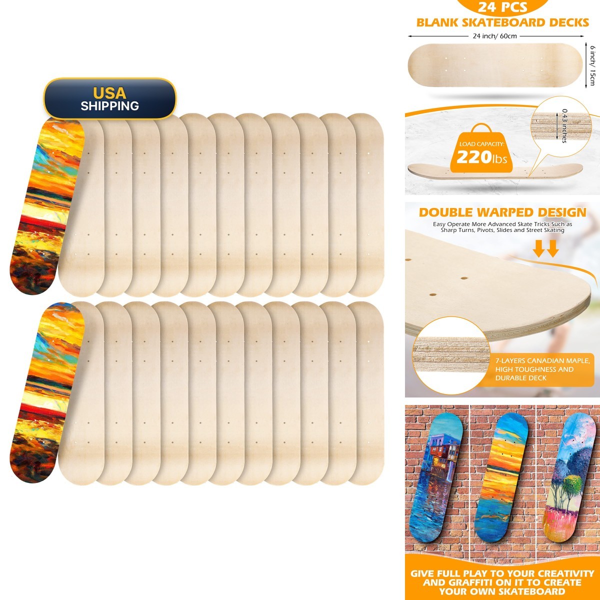 Meooeck 12 Pcs Blank Skateboard Decks 24 x 6 Inch Maple 7 Ply Double Tail Meooeck 12 Pcs Blank Skateboard Decks 24 x 6 Inch Maple 7 Ply Double Tail