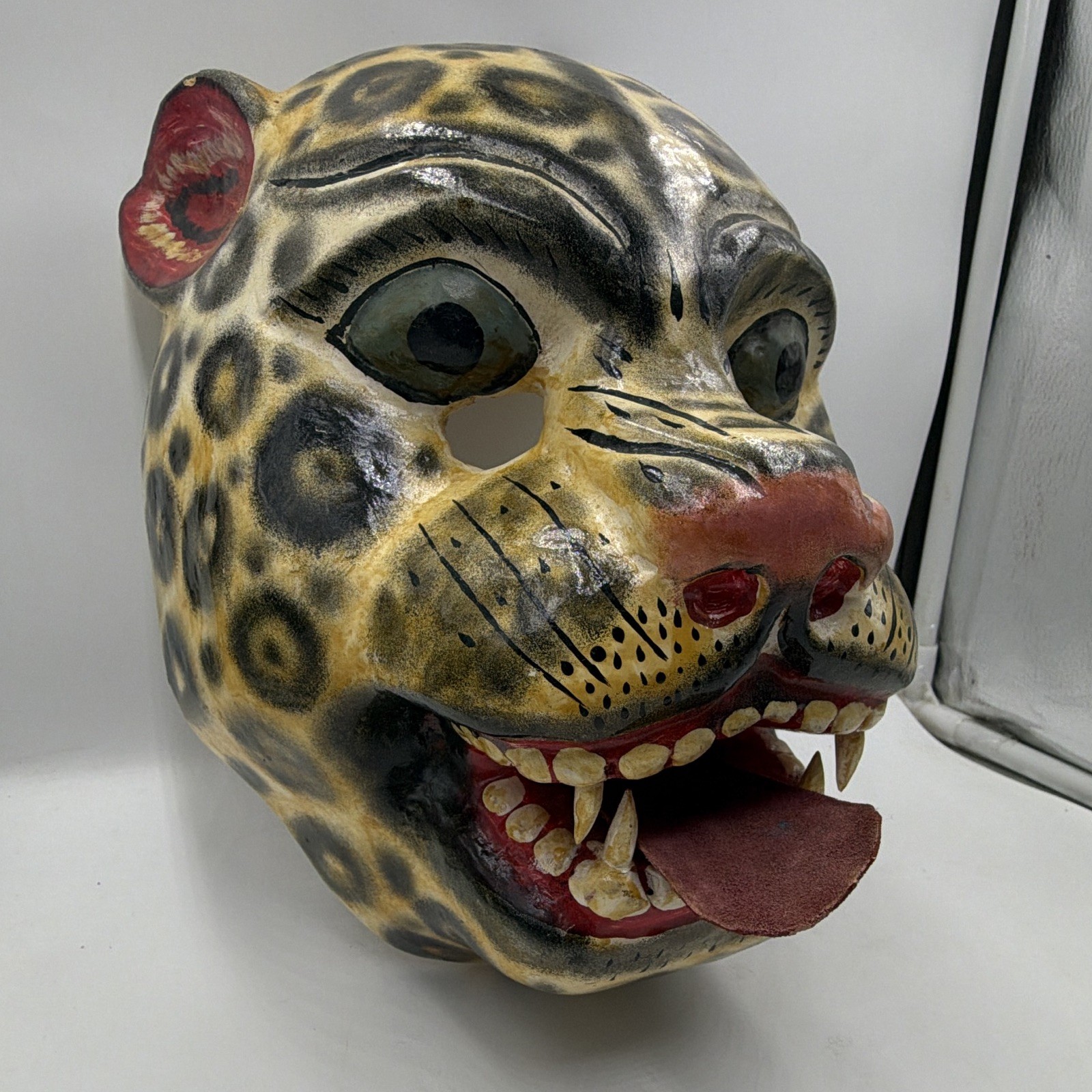 Mexican Folk Art Jaguar Mask Hand Carved Wood Leather Tongue Dance Style 10”