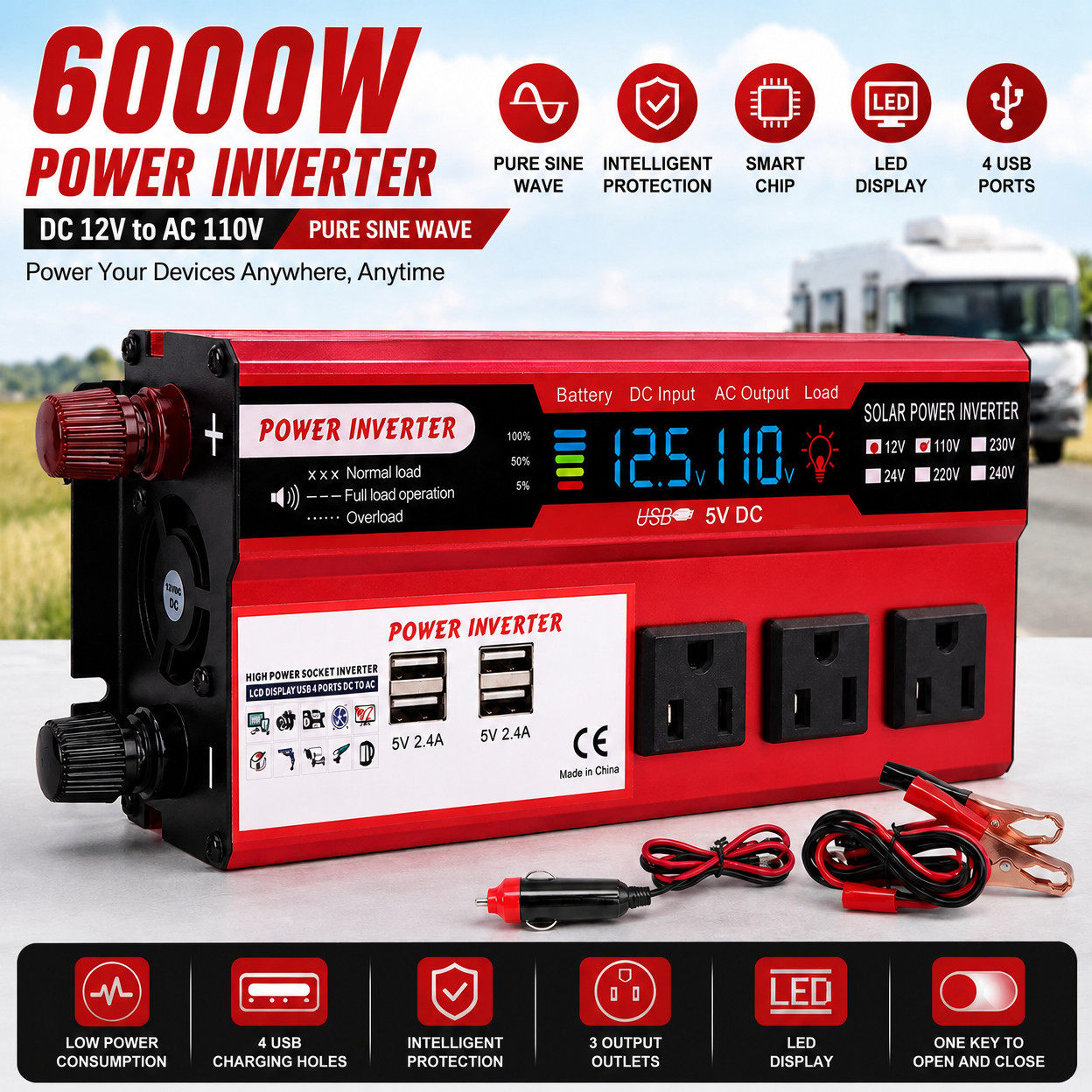 6000W Car Power Inverter DC 12V To AC 110V Pure Sine Wave Solar Converter 4 USB