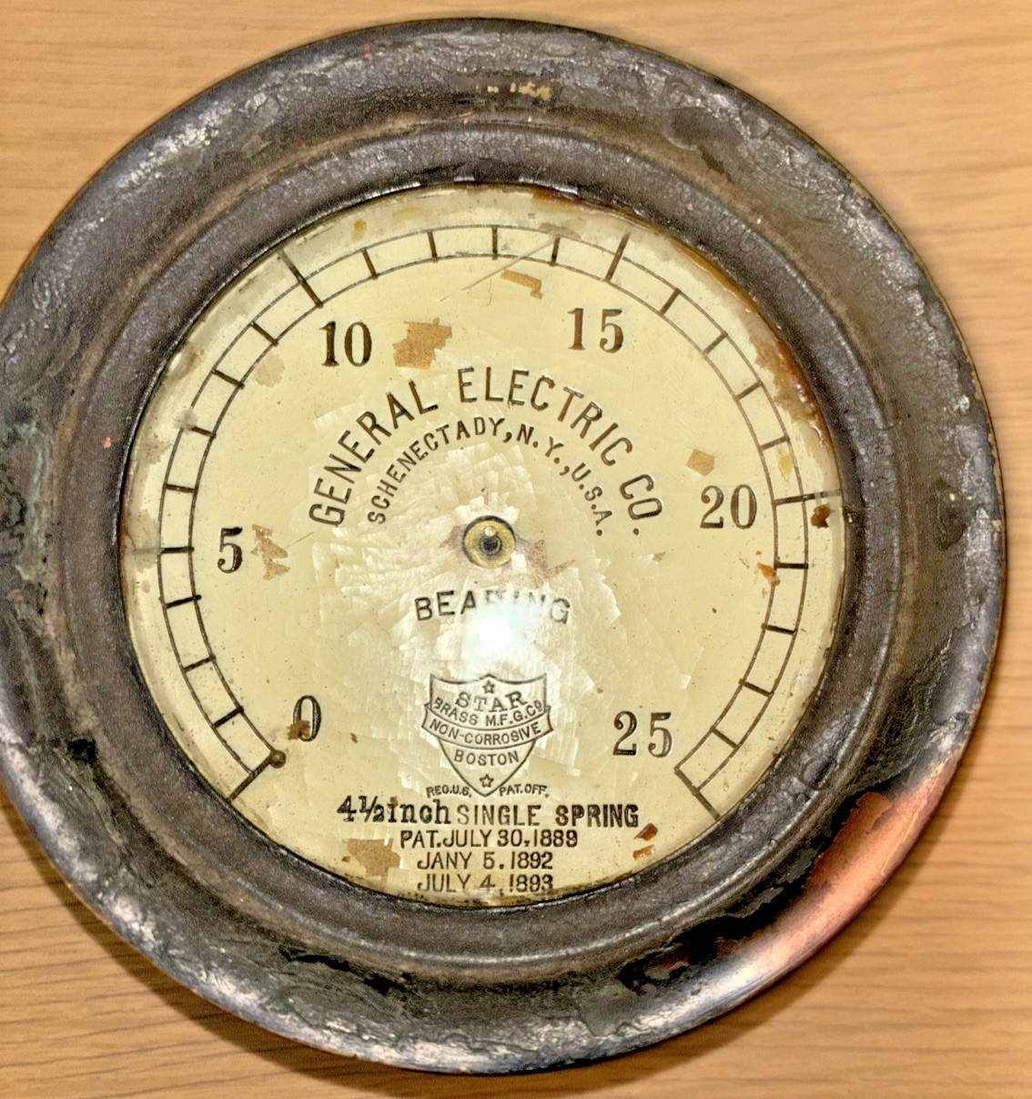 Antique Solid Brass (Bezel & Frame) General Electric Bearing 4 1/2 inch Pat 1893 Antique Solid Brass (Bezel & Frame) General Electric Bearing 4 1/2 inch Pat 1893