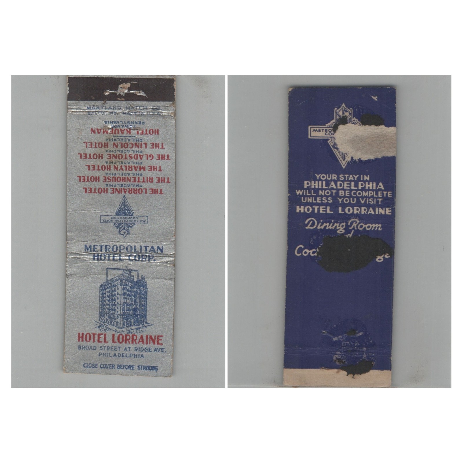 Matchbook Cover Hotel Lorraine Metropolitan Hotel Corp. Philadelphia PA
