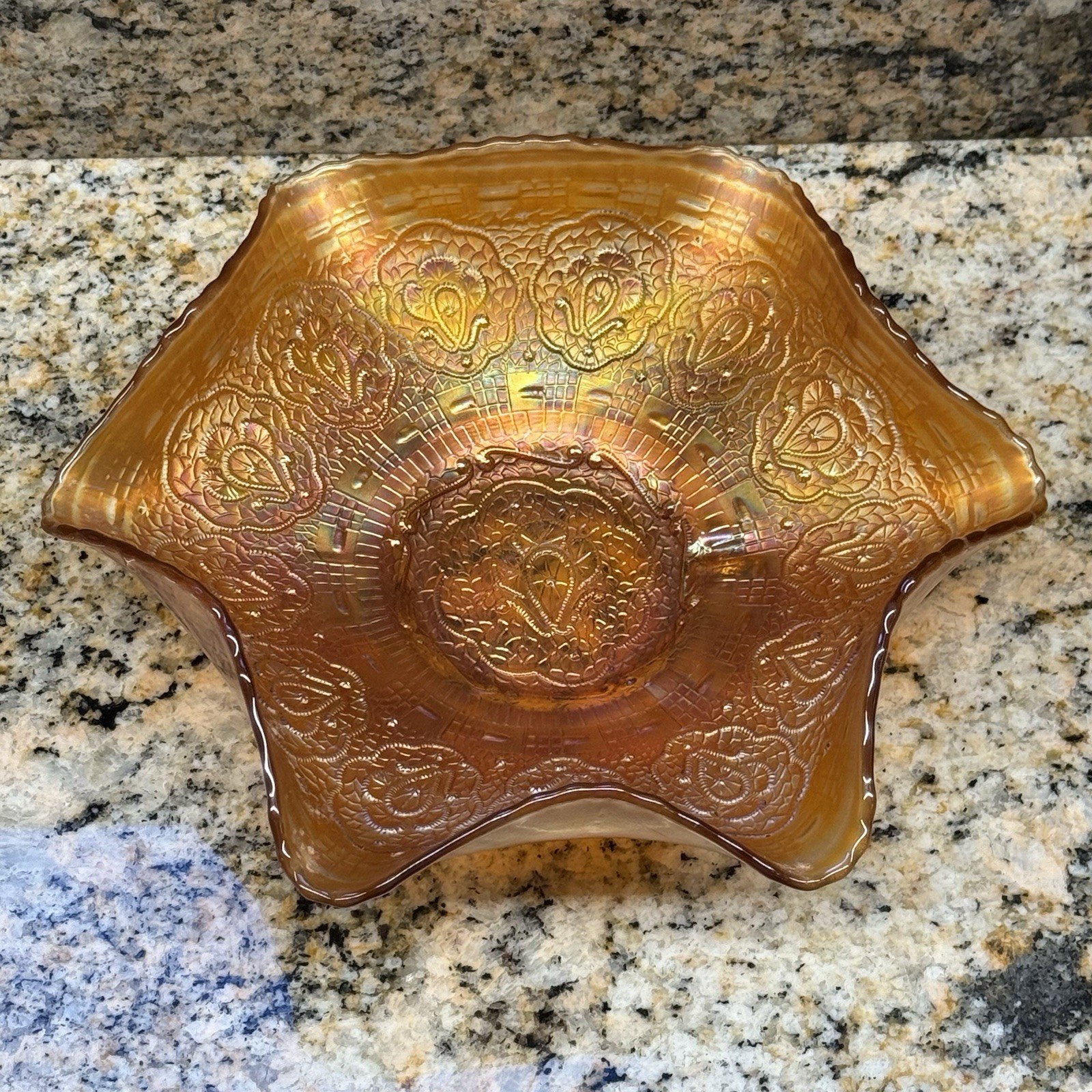 Fenton Persian Medallion Carnival Glass Bowl Marigold Iridescent 9” Vintage